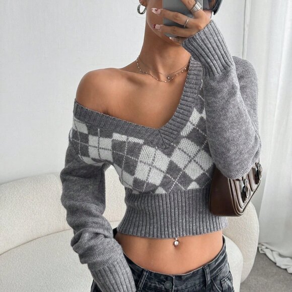 Tops - Multicolor Casual Women's Argyle Pattern V-Neck Slim Fit Crop Pullover